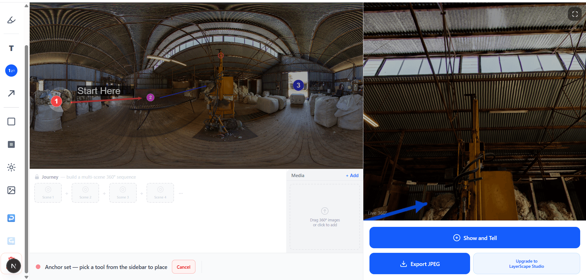 LayerScape editor showing a 360° panorama with annotations